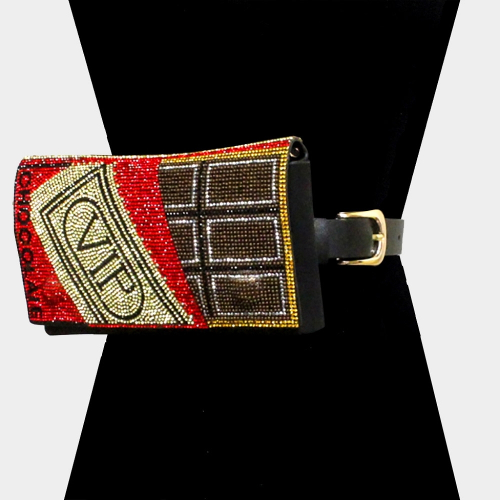 Red VIP Chocolate Bar Card Gold Crystal Rhinestone FannyPack Belt Purse Bag